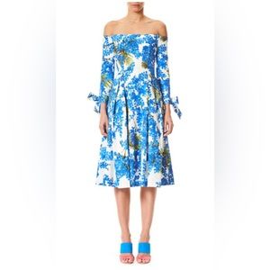 CAROLINA HERRERA Off-the-Shoulder Floral-Print Tie-Sleeves Midi Day Dress